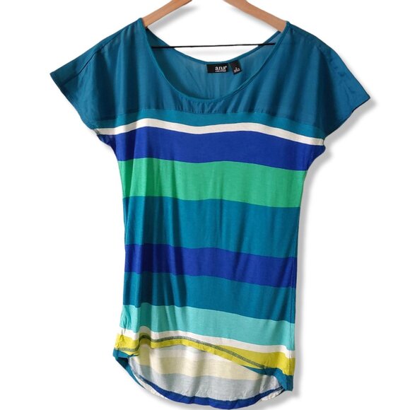 a.n.a t-shirt womens short-sleeve stripes Blue green white Size Small - Picture 1 of 6